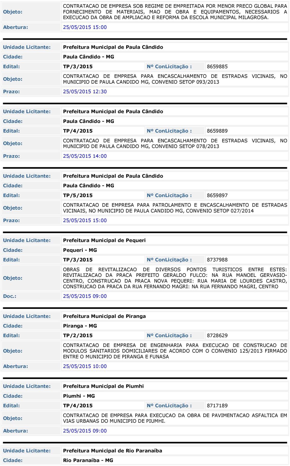 Abertura: 25/05/2015 15:00 Prefeitura Municipal de Paula Cândido Paula Cândido - MG Edital: TP/3/2015 Nº ConLicitação : 8659885 CONTRATACAO DE EMPRESA PARA ENCASCALHAMENTO DE ESTRADAS VICINAIS, NO