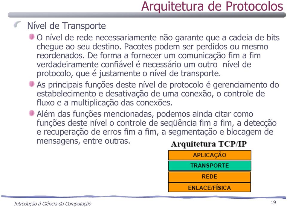 As principais funções deste nível de protocolo é gerenciamento do estabelecimento e desativação de uma conexão, o controle de fluxo e a multiplicação das conexões.