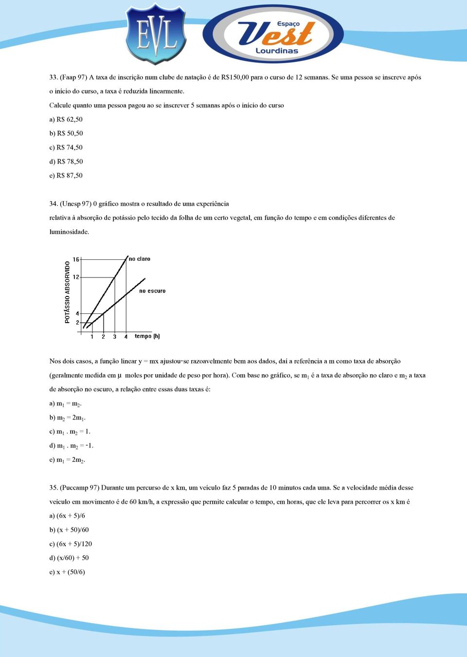 (Unesp 97) 0 gráfico mostra o resultado de uma experiência relativa à absorção de potássio pelo tecido da folha de um certo vegetal, em função do tempo e em condições diferentes de luminosidade.