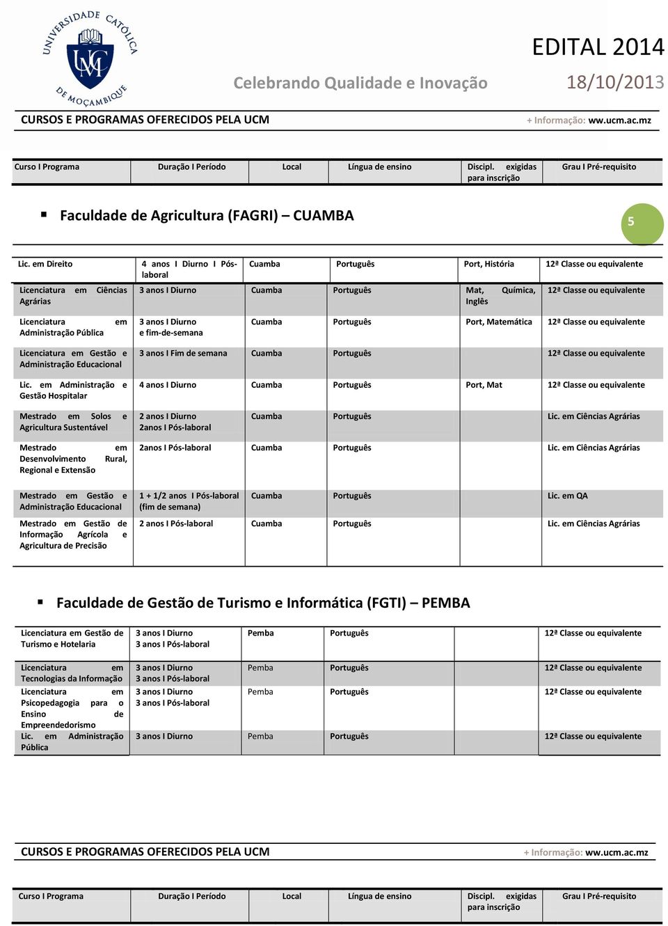 Licenciatura Administração e fim-de-sana Cuamba Português Port, Matática 12ª Classe ou equivalente Licenciatura Gestão e Administração Educacional Lic.