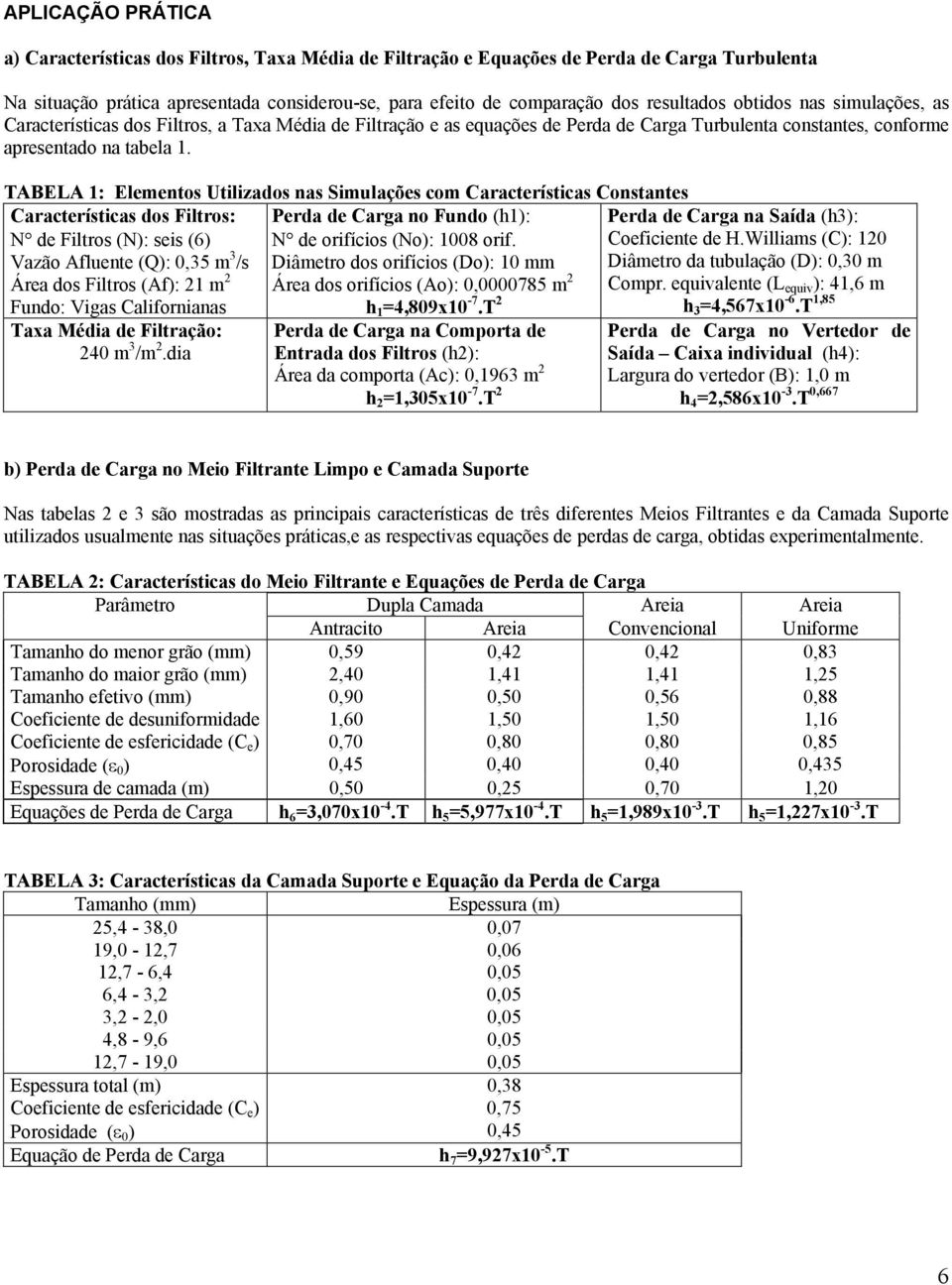 TABELA 1: Elementos Utilizados nas Simulações com Características Constantes Características dos Filtros: Perda de Carga no Fundo (h1): N de Filtros (N): seis (6) N de orifícios (No): 1008 orif.