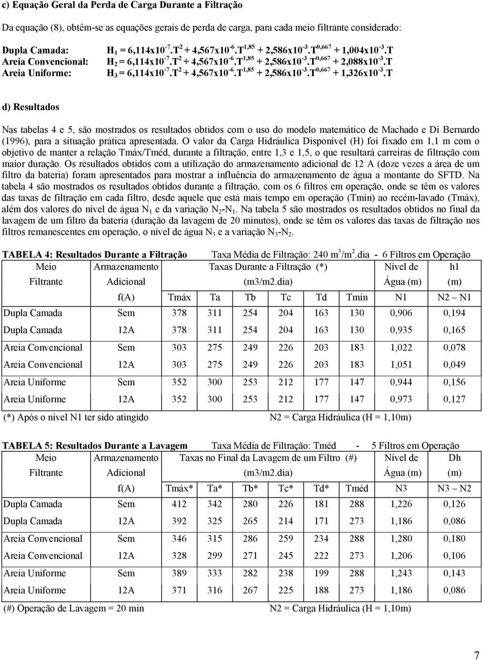 T d) Resultados Nas tabelas 4 e 5, são mostrados os resultados obtidos com o uso do modelo matemático de Machado e Di Bernardo (1996), para a situação prática apresentada.