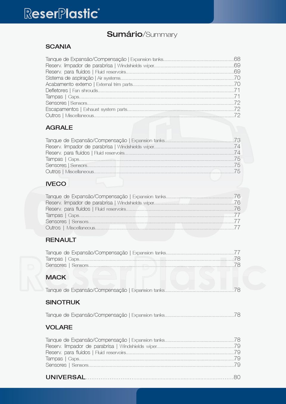 ..72 AGRALE Tanque de Expansão/Compensação s...73 Reserv. limpador de parabrisa Windshields wiper...74 Reserv. para fluídos Fluid reservoirs...74 Tampas Caps...75 Sensores Sensors.