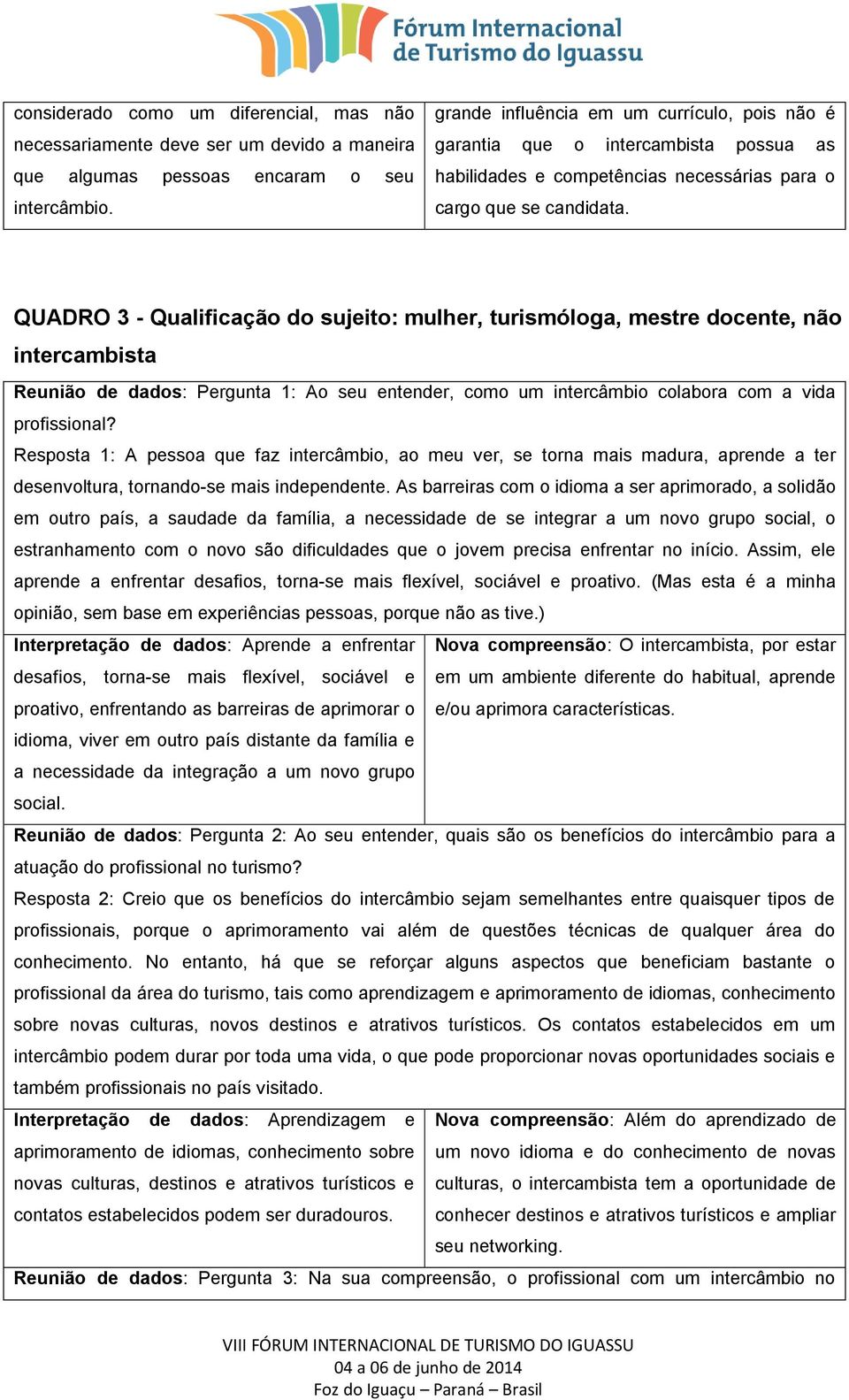 QUADRO 3 - Qualificação do sujeito: mulher, turismóloga, mestre docente, não intercambista Reunião de dados: Pergunta 1: Ao seu entender, como um intercâmbio colabora com a vida profissional?