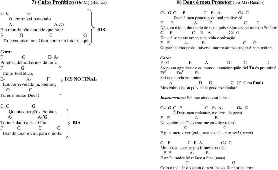 G C G Quantas porções, Senhor, A- A-/G Tu tens dado a esta Obra BIS F G C G Uso do arco e vira para o norte 8) Deus é meu Protetor (Dó M) (Básico) G4 G C F C E- A- G4 G Deus é meu protetor, do mal me