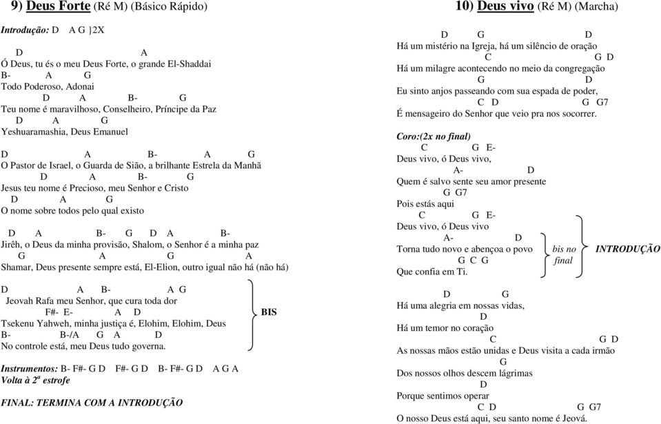 todos pelo qual existo D A B- G D A B- Jirêh, o Deus da minha provisão, Shalom, o Senhor é a minha paz G A G A Shamar, Deus presente sempre está, El-Elion, outro igual não há (não há) D A B- A G
