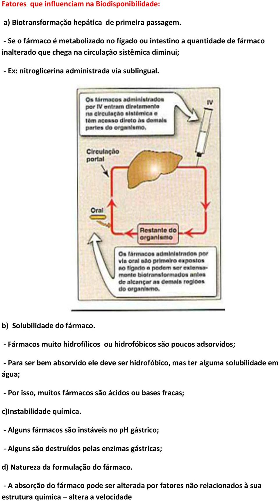 b) Solubilidade do fármaco.