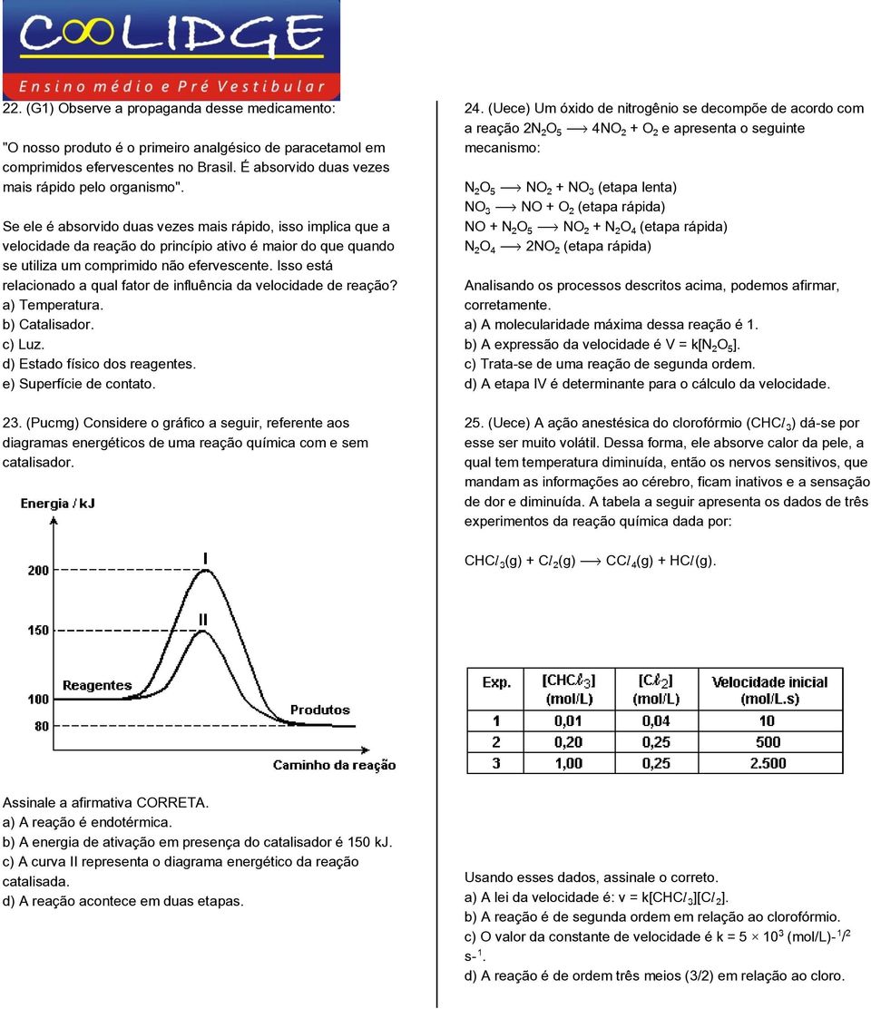 Isso está relacionado a qual fator de influência da velocidade de reação? a) Temperatura. b) Catalisador. c) Luz. d) Estado físico dos reagentes. e) Superfície de contato. 23.