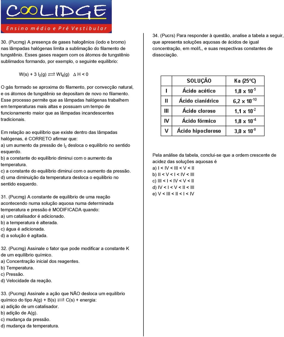 (Pucrs) Para responder à questão, analise a tabela a seguir, que apresenta soluções aquosas de ácidos de igual concentração, em mol/l, e suas respectivas constantes de dissociação.