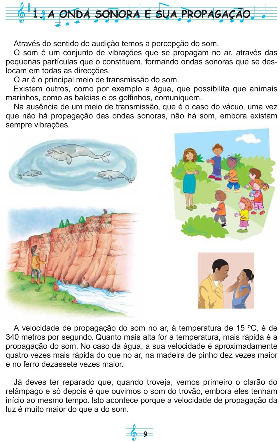 O ar é o principal meio de transmissão do som. Existem outros, como por exemplo a água, que possibilita que animais marinhos, como as baleias e os golfinhos, comuniquem.