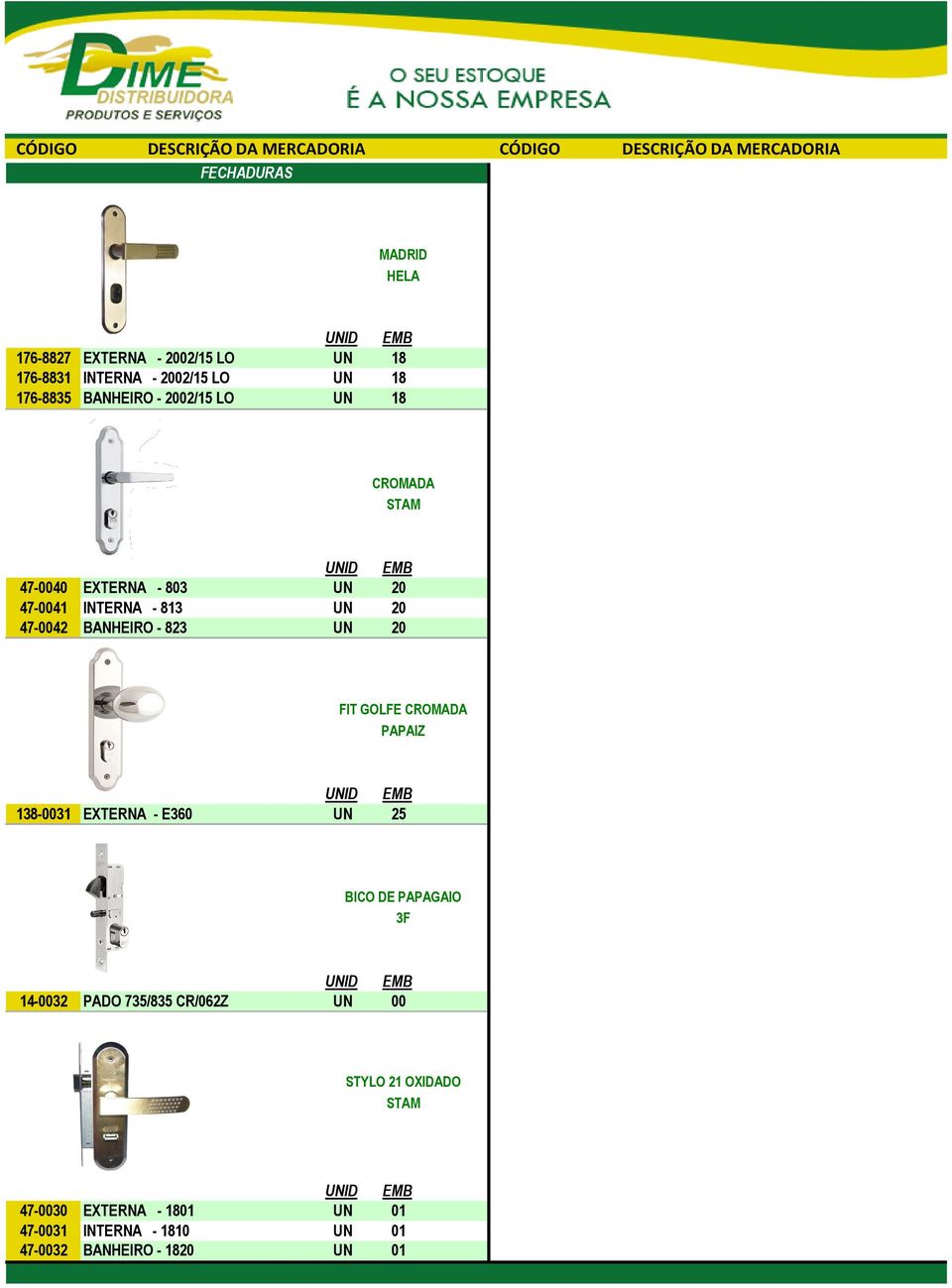 138-0031 EXTERNA - E360 25 BICO DE PAPAGAIO 3F 14-0032 PADO 735/835 CR/062Z 00 STYLO 21 OXIDADO STAM 47-0030 EXTERNA -