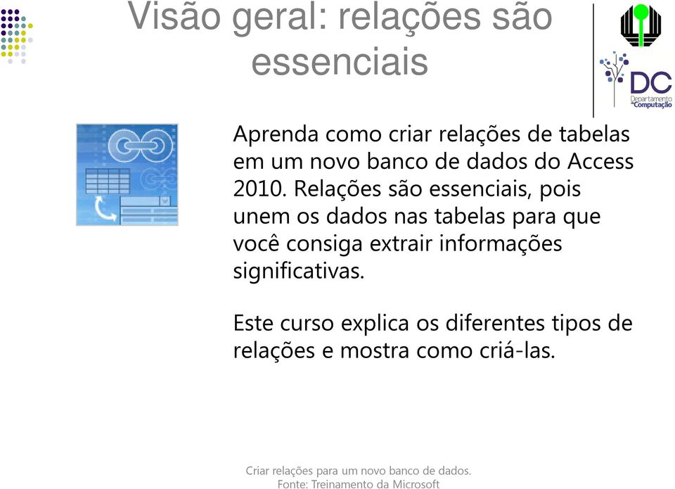 Relações são essenciais, pois unem os nas tabelas para que você consiga extrair