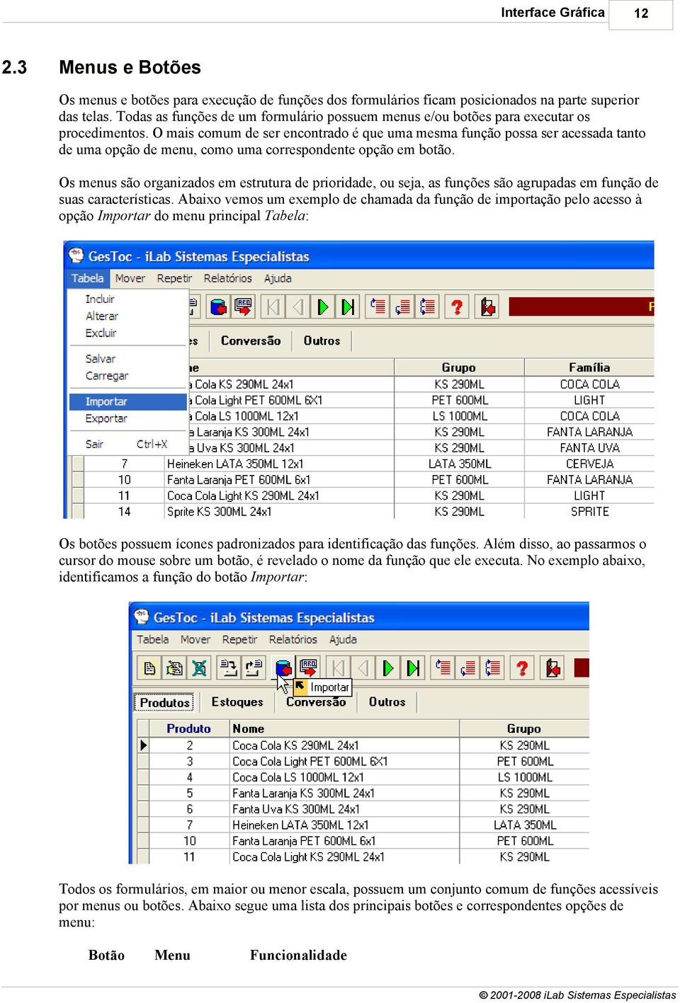 O mais comum de ser encontrado é que uma mesma função possa ser acessada tanto de uma opção de menu, como uma correspondente opção em botão.