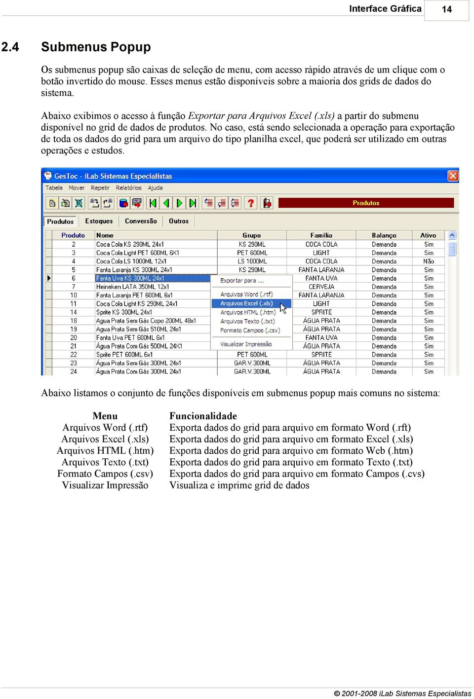 xls) a partir do submenu disponível no grid de dados de produtos.