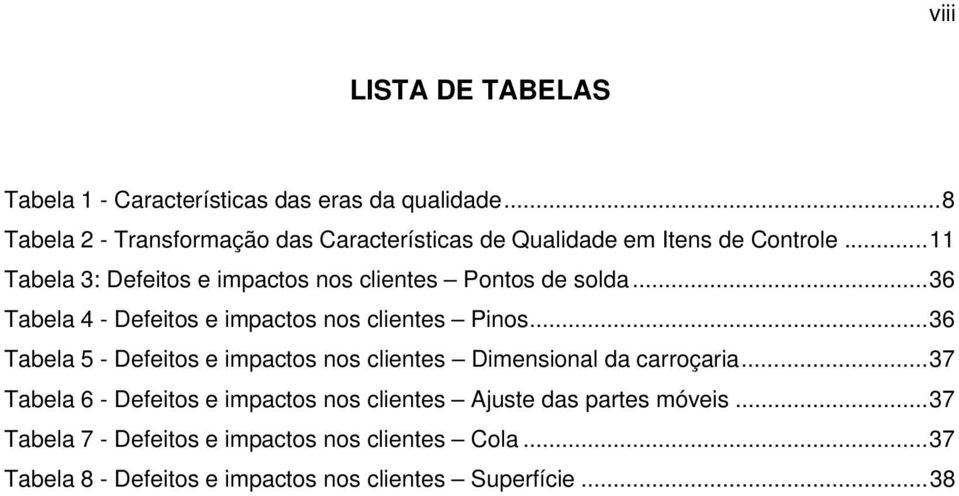 ..11 Tabela 3: Defeitos e impactos nos clientes Pontos de solda...36 Tabela 4 - Defeitos e impactos nos clientes Pinos.