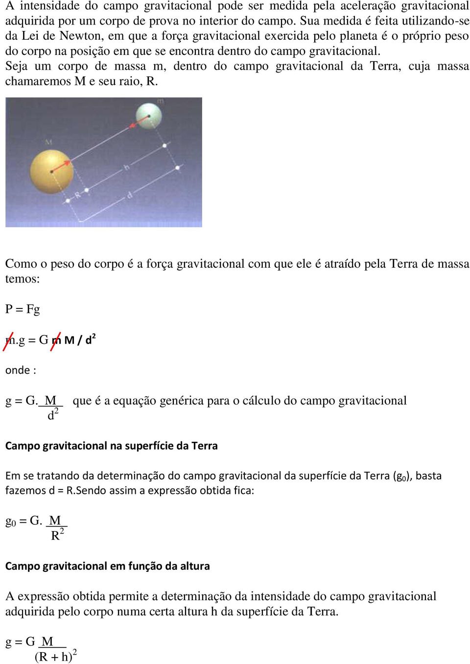 Seja um corpo de massa m, dentro do campo gravitacional da Terra, cuja massa chamaremos M e seu raio, R.