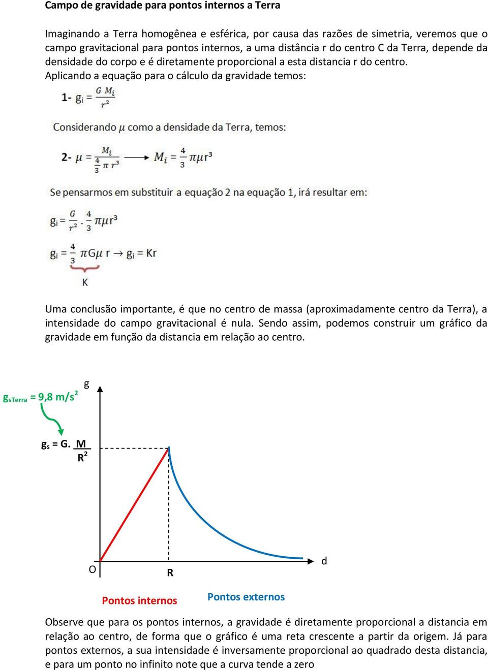 Aplicando a equação para o cálculo da gravidade temos: Uma conclusão importante, é que no centro de massa (aproximadamente centro da Terra), a intensidade do campo gravitacional é nula.