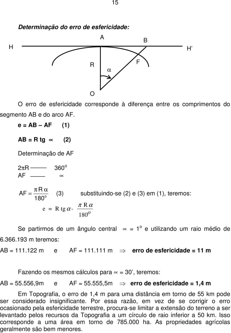 utilizando um raio médio de 6.366.193 m teremos: AB = 111.122 m e AF = 111.111 m erro de esfericidade = 11 m Fazendo os mesmos cálculos para = 30, teremos: AB = 55.556,9m e AF = 55.