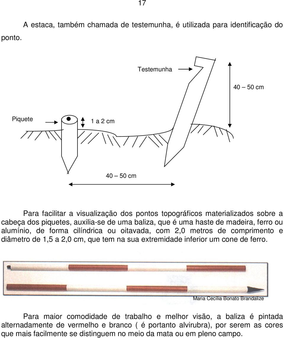 materializados sobre a cabeça dos piquetes, auxilia-se de uma baliza, que é uma haste de madeira, ferro ou alumínio, de forma cilíndrica ou oitavada, com 2,0 metros de