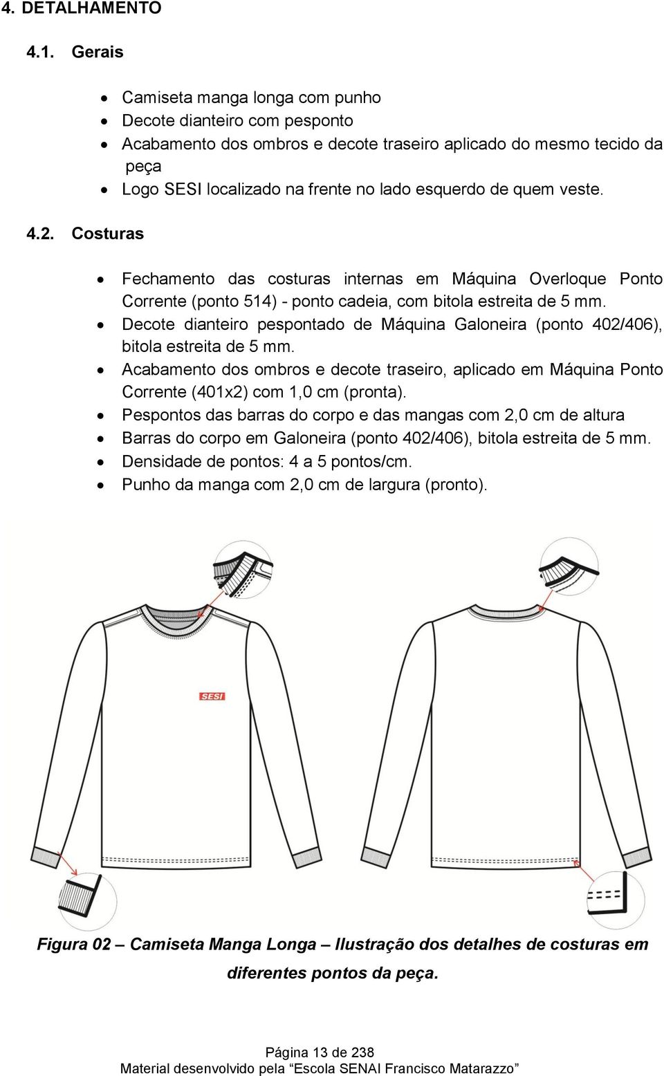 veste. Fechamento das costuras internas em Máquina Overloque Ponto Corrente (ponto 514) - ponto cadeia, com bitola estreita de 5 mm.