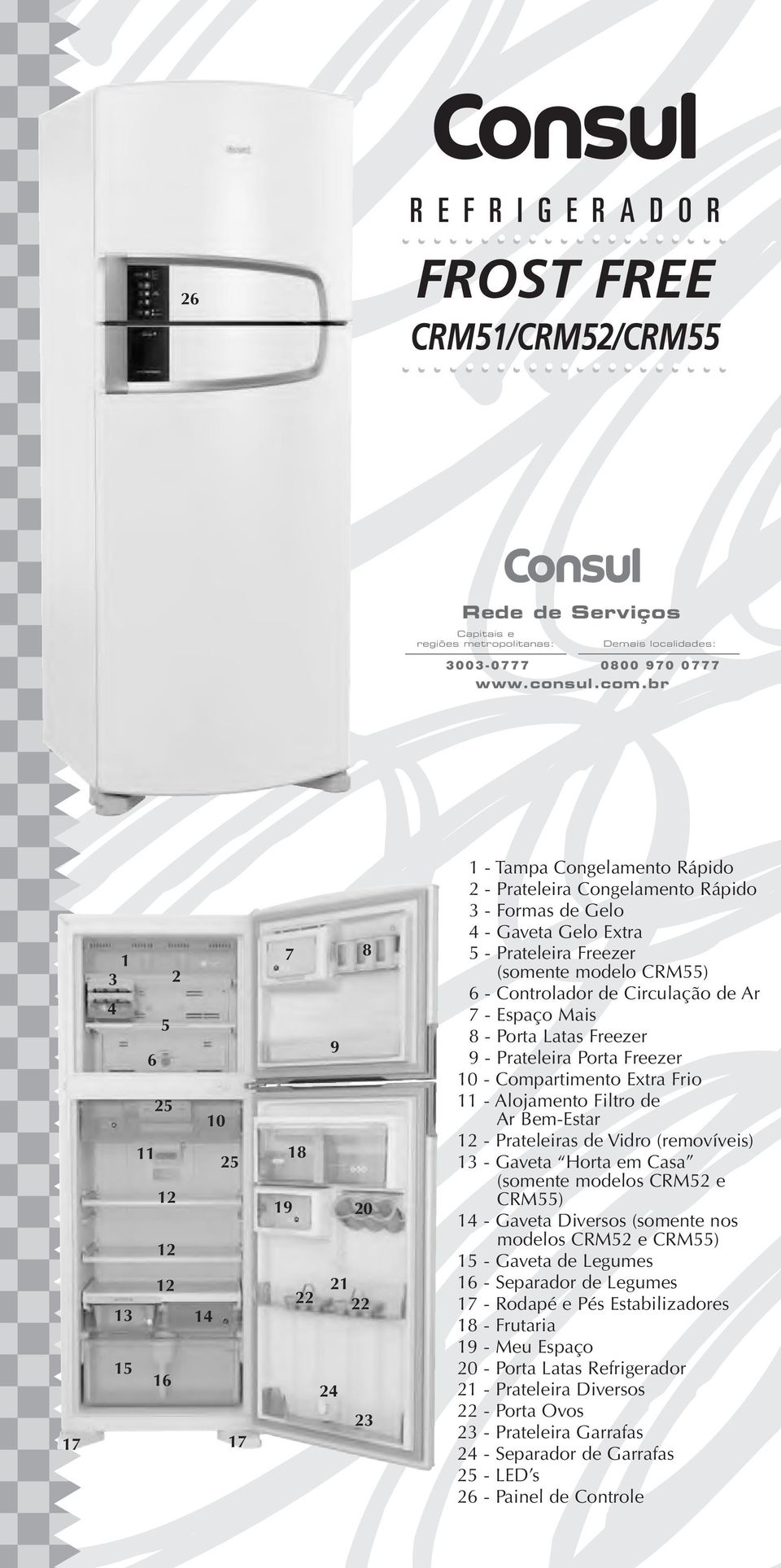 Prateleira Freezer (somente modelo CRM55) 6 - Controlador de Circulação de Ar 7 - Espaço Mais 8 - Porta Latas Freezer 9 - Prateleira Porta Freezer 10 - Compartimento Extra Frio 11 - Alojamento Filtro