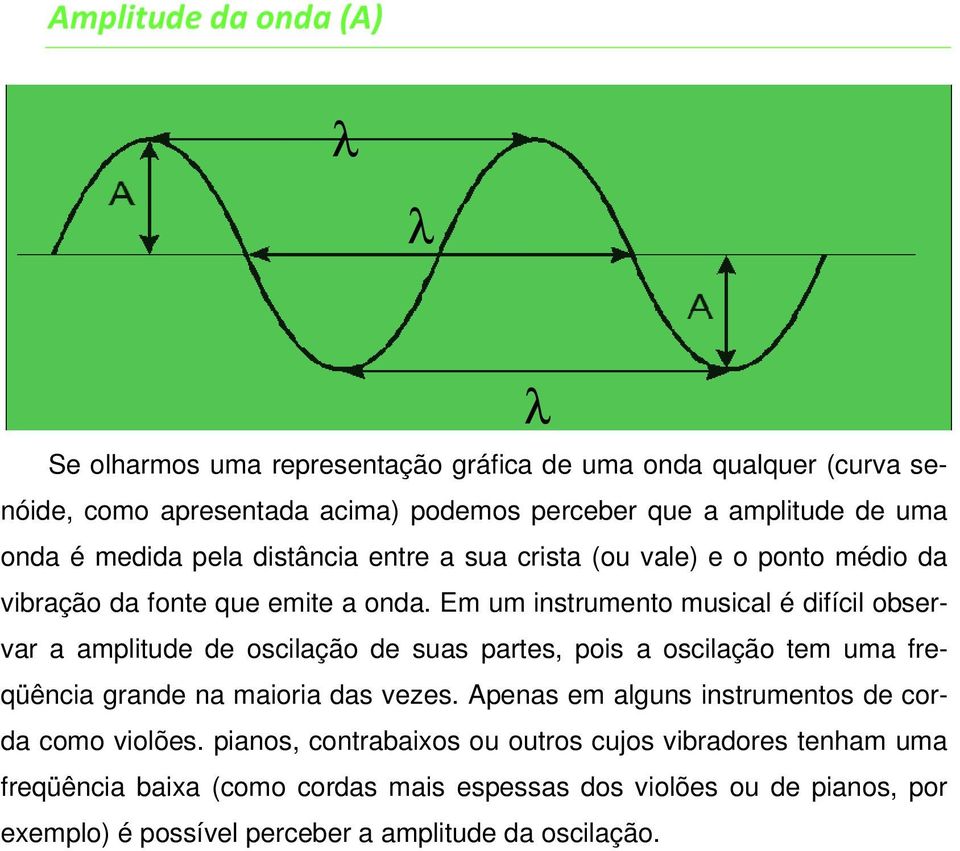 Em um instrumento musical é difícil observar a amplitude de oscilação de suas partes, pois a oscilação tem uma freqüência grande na maioria das vezes.