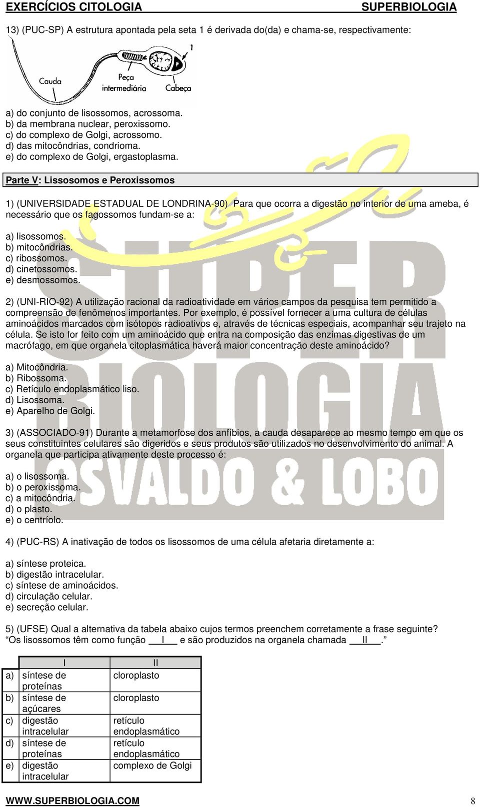 Parte V: Lissosomos e Peroxissomos 1) (UNIVERSIDADE ESTADUAL DE LONDRINA-90) Para que ocorra a digestão no interior de uma ameba, é necessário que os fagossomos fundam-se a: a) lisossomos.