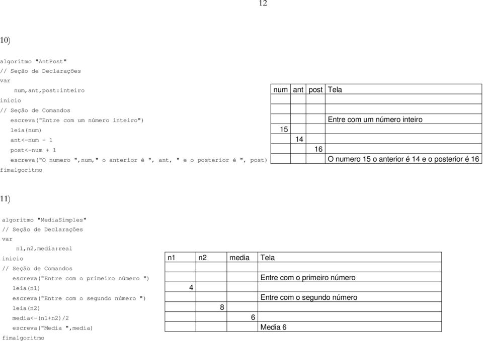 posterior é 16 11) algoritmo "MediaSimples" n1,n2,media:real n1 n2 media Tela escreva("entre com o primeiro número ") Entre com o primeiro