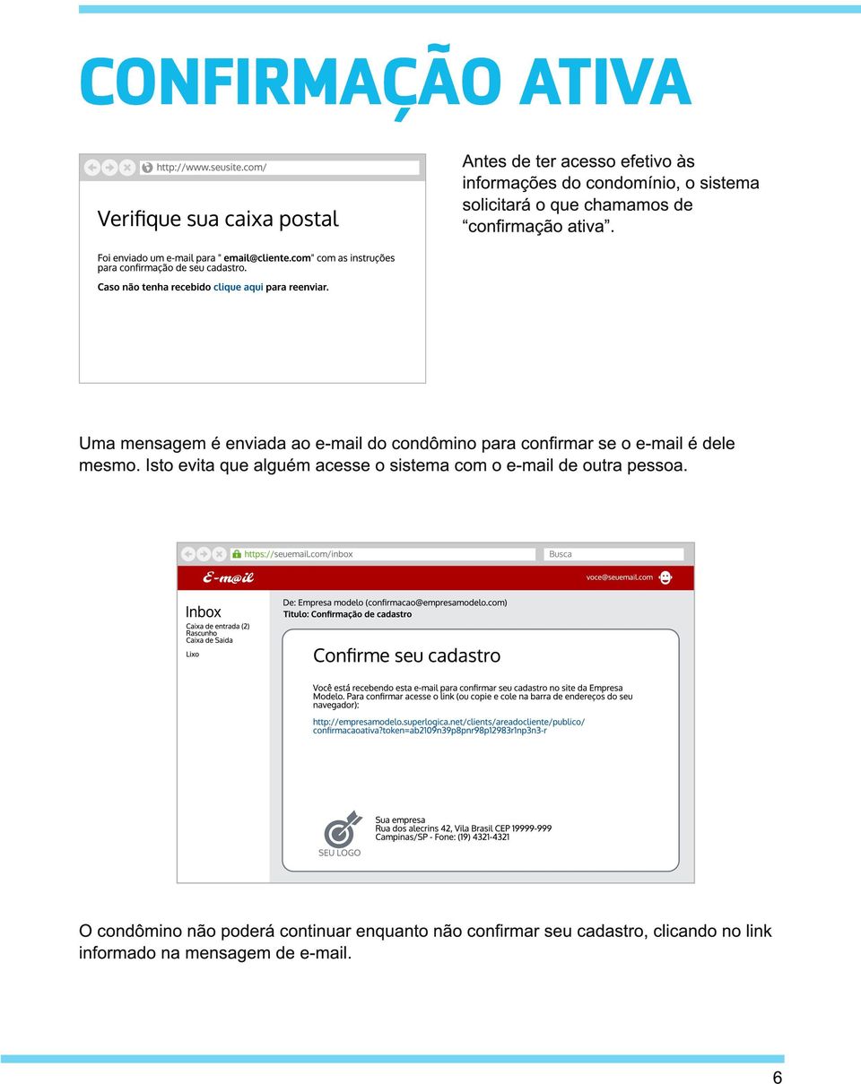 Uma mensagem é enviada ao e-mail do condômino para confirmar se o e-mail é dele mesmo.