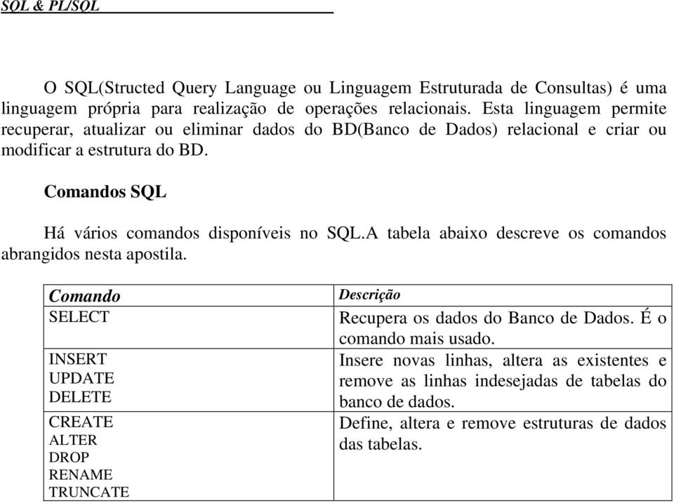 Comandos SQL Há vários comandos disponíveis no SQL.A tabela abaixo descreve os comandos abrangidos nesta apostila.