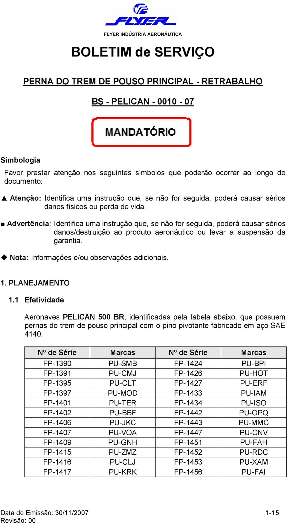 Advertência: Identifica uma instrução que, se não for seguida, poderá causar sérios danos/destruição ao produto aeronáutico ou levar a suspensão da garantia.