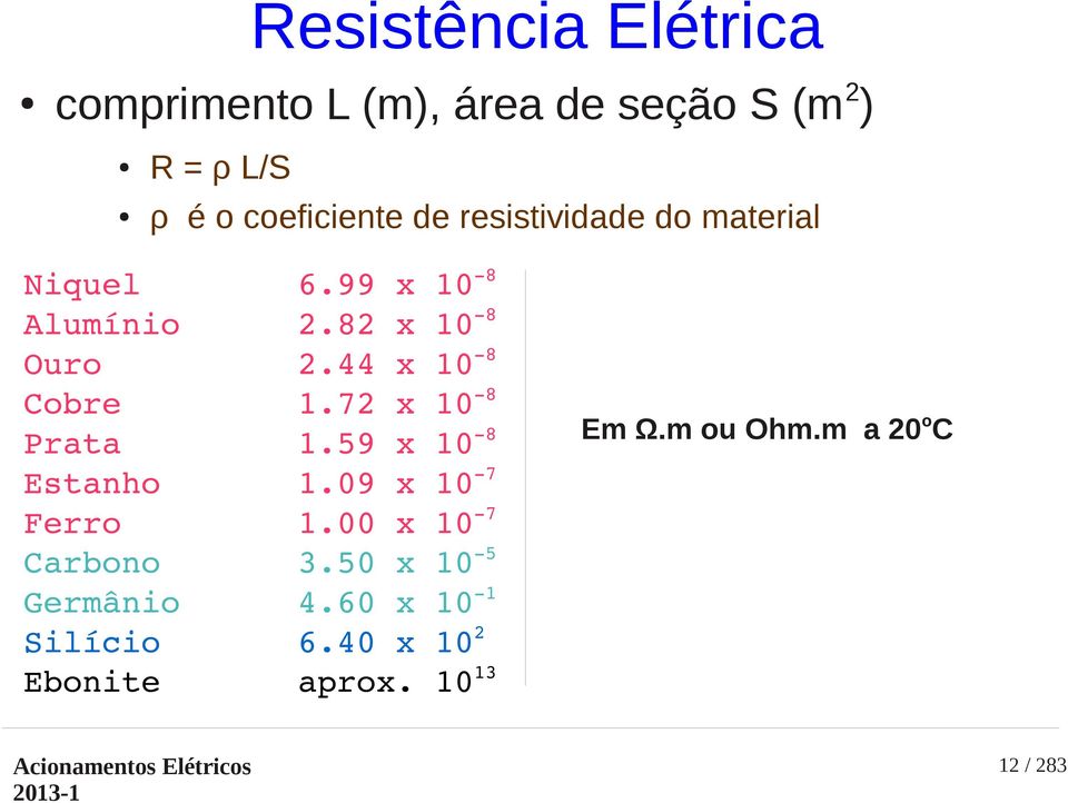 44 x 10 8 Cobre 1.72 x 10 8 Prata 1.59 x 10 8 Estanho 1.09 x 10 7 Ferro 1.