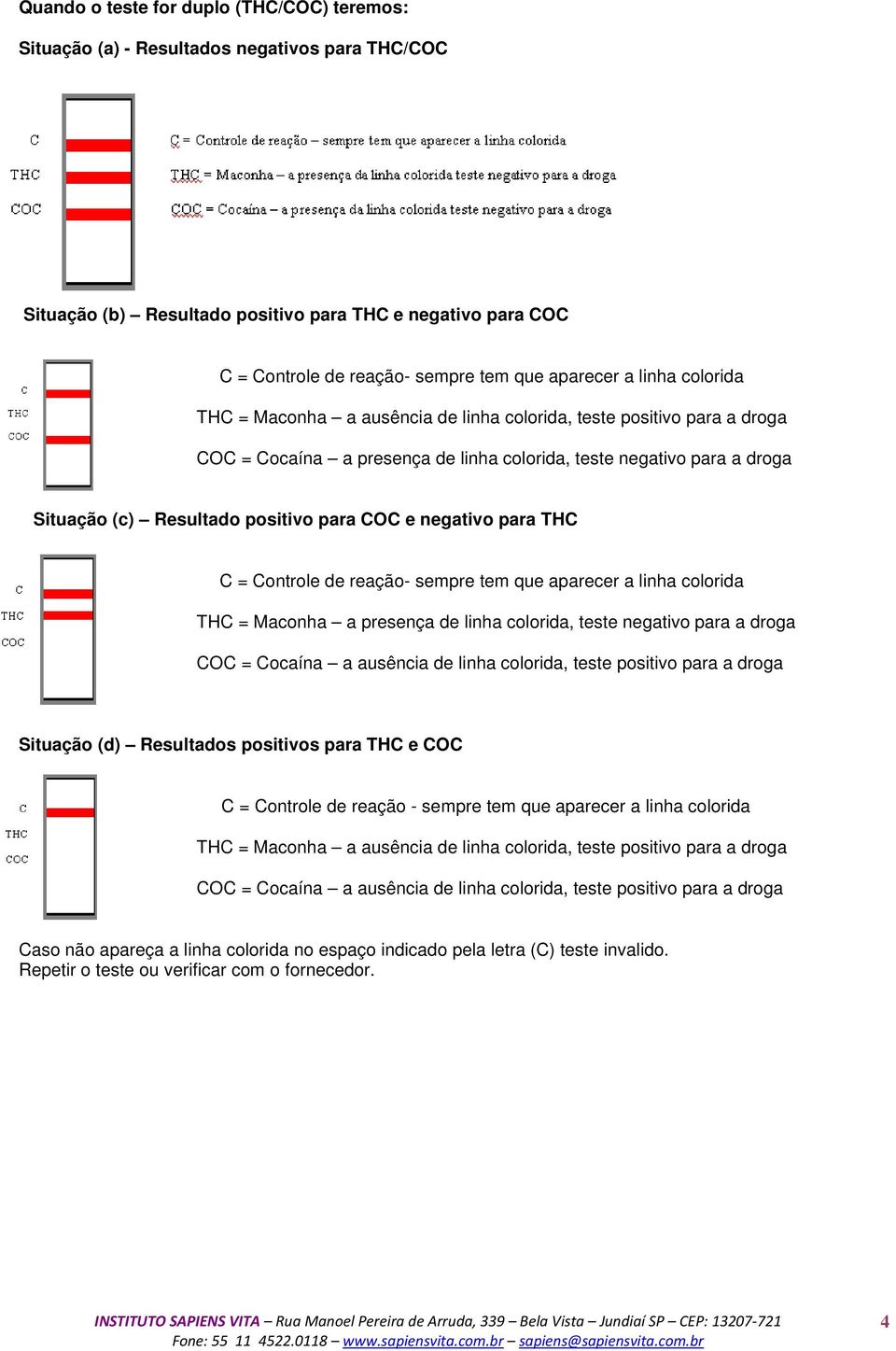 positivo para COC e negativo para THC C = Controle de reação- sempre tem que aparecer a linha colorida THC = Maconha a presença de linha colorida, teste negativo para a droga COC = Cocaína a ausência