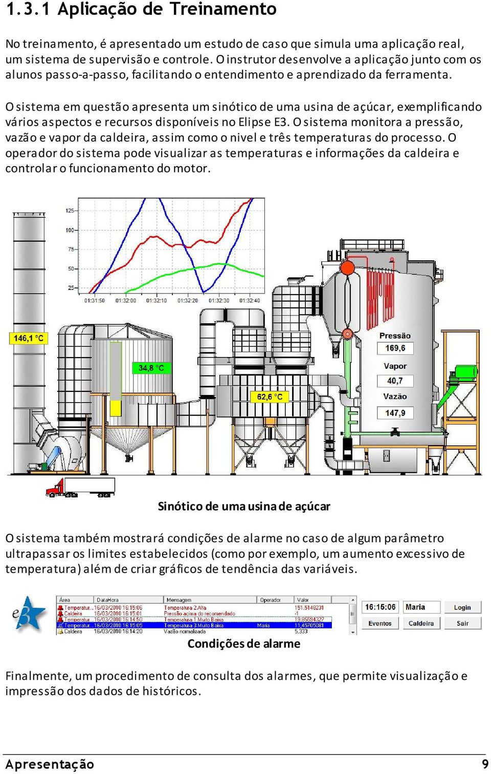 O sistema em questão apresenta um sinótico de uma usina de açúcar, exemplificando vários aspectos e recursos disponíveis no Elipse E3.