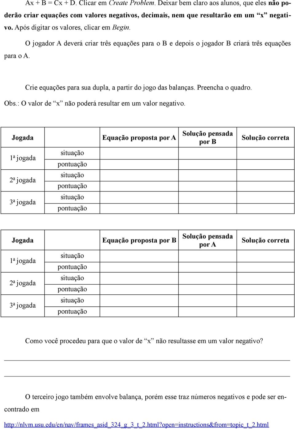 Crie equações para sua dupla, a partir do jogo das balanças. Preencha o quadro. Obs.: O valor de x não poderá resultar em um valor negativo.