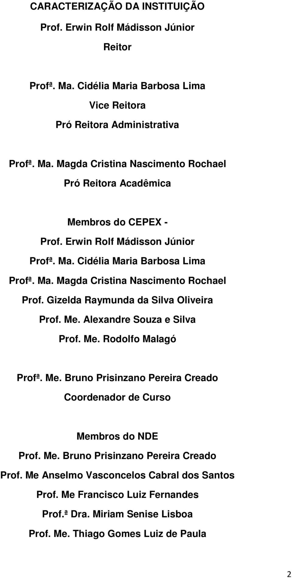 Alexandre Souza e Silva Prof. Me. Rodolfo Malagó Profª. Me. Bruno Prisinzano Pereira Creado Coordenador de Curso Membros do NDE Prof. Me. Bruno Prisinzano Pereira Creado Prof.