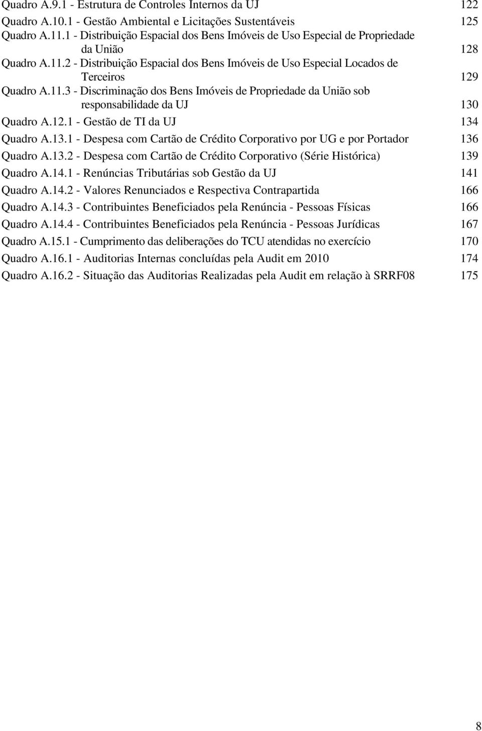 12.1 - Gestão de TI da UJ 134 Quadro A.13.1 - Despesa com Cartão de Crédito Corporativo por UG e por Portador 136 Quadro A.13.2 - Despesa com Cartão de Crédito Corporativo (Série Histórica) 139 Quadro A.