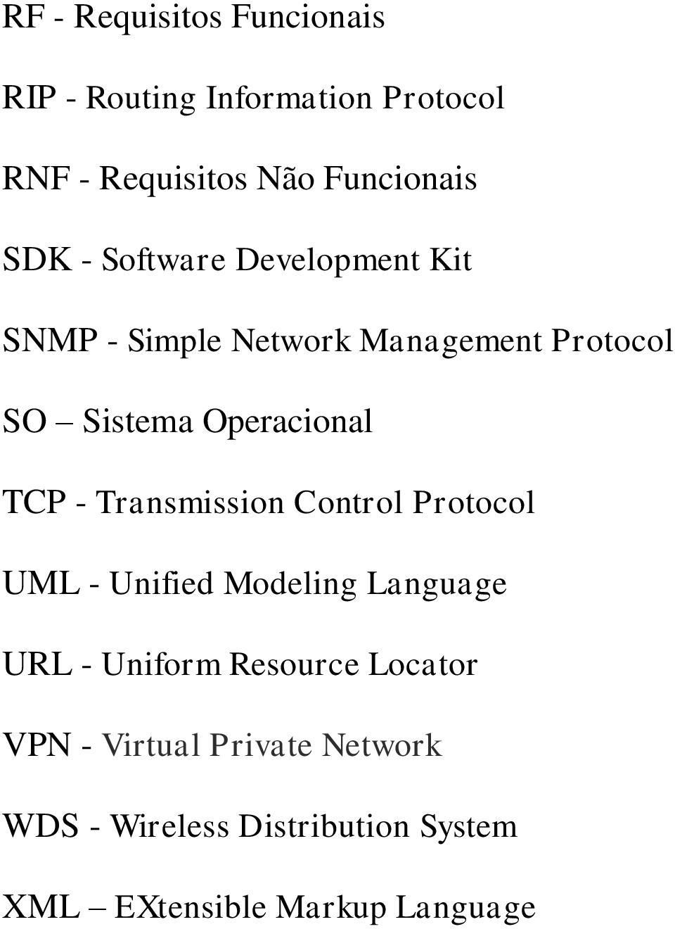 TCP - Transmission Control Protocol UML - Unified Modeling Language URL - Uniform Resource