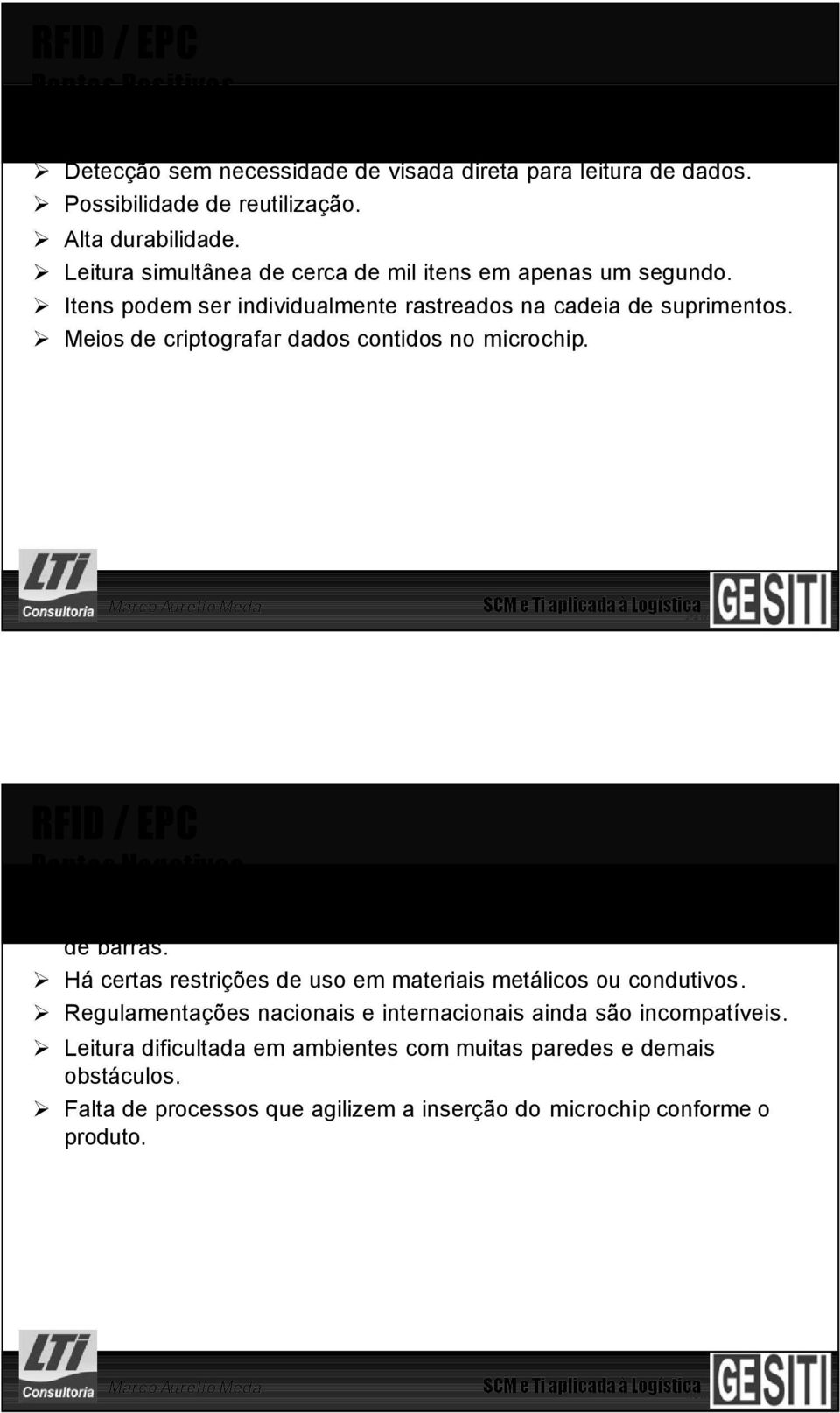 Meios de criptografar dados contidos no microchip. 39 / 56 SCM e Ti aplicada à Logística RFID / EPC Pontos Negativos Custo da tecnologia ainda é muito elevado em relação ao atual código de barras.