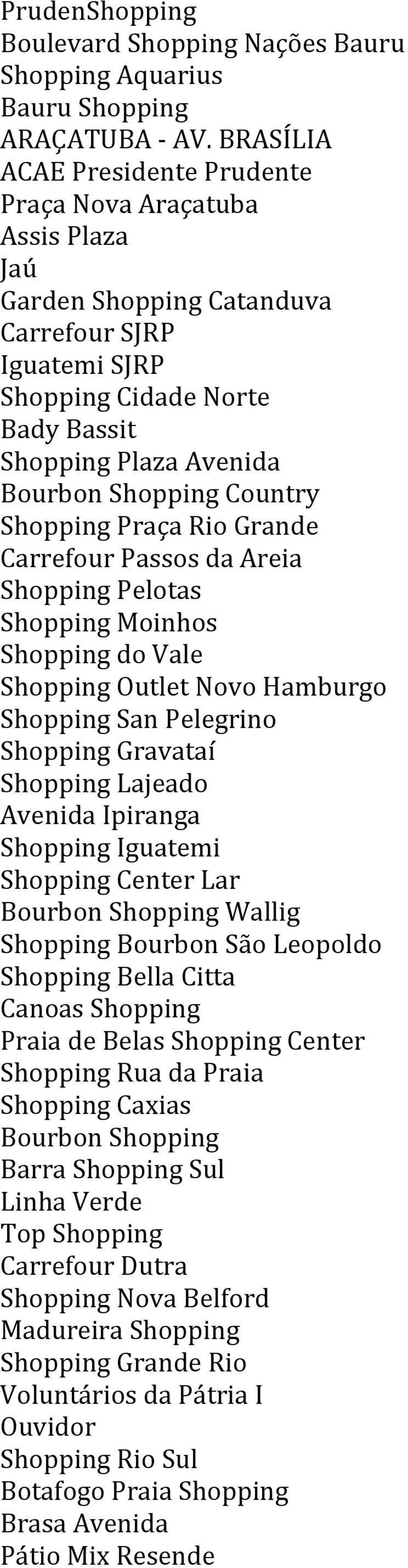 Country Shopping Praça Rio Grande Carrefour Passos da Areia Shopping Pelotas Shopping Moinhos Shopping do Vale Shopping Outlet Novo Hamburgo Shopping San Pelegrino Shopping Gravataí Shopping Lajeado