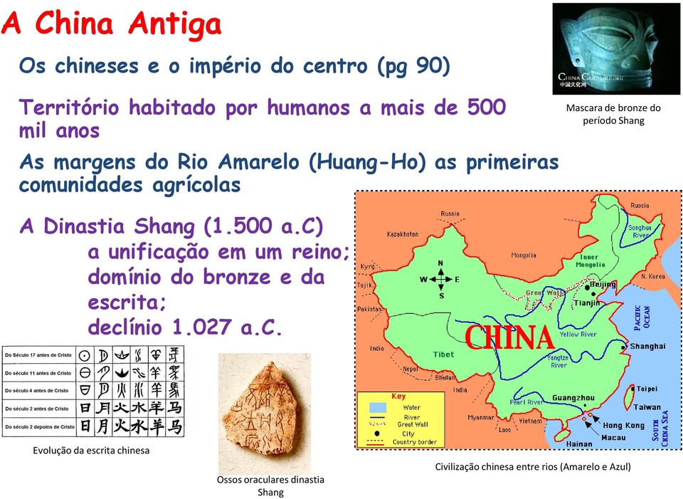 Shang A Dinastia Shang (1.500 a.c) a unificação em um reino; domínio do bronze e da escrita; declínio 1.