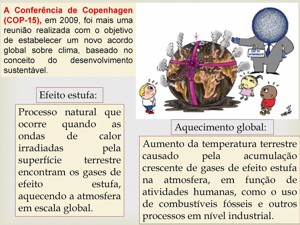 Efeito estufa: Processo natural que ocorre quando as ondas de calor irradiadas pela superfície terrestre encontram os gases de efeito estufa, aquecendo a