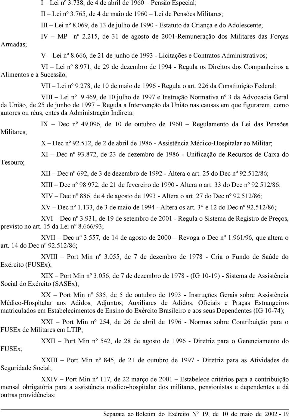 666, de 21 de junho de 1993 - Licitações e Contratos Administrativos; VI Lei nº 8.971, de 29 de dezembro de 1994 - Regula os Direitos dos Companheiros a Alimentos e à Sucessão; VII Lei nº 9.