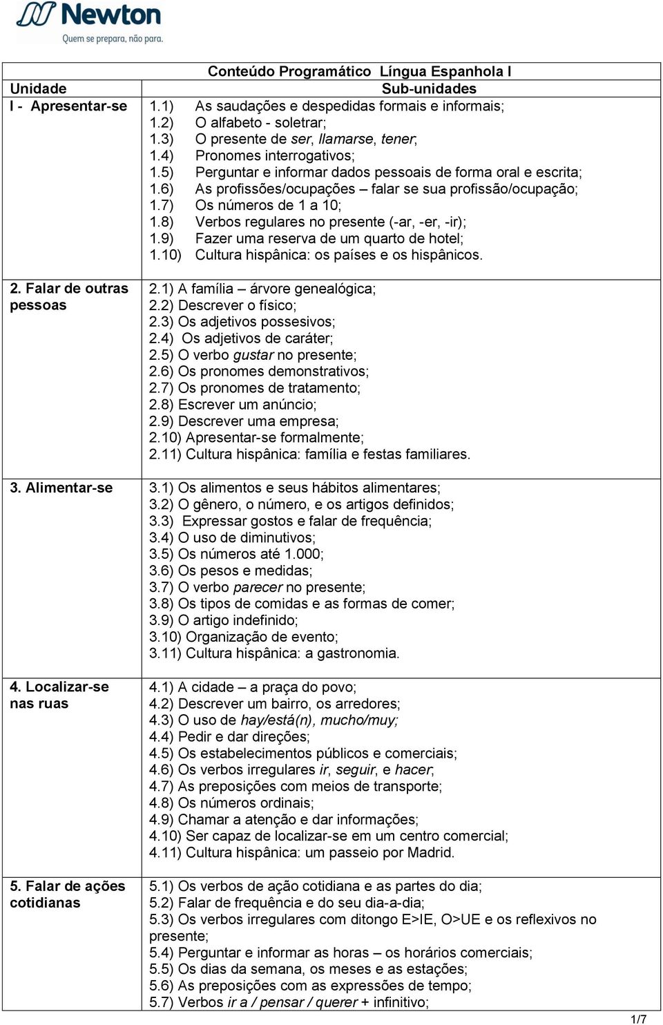 7) Os números de 1 a 10; 1.8) Verbos regulares no presente (-ar, -er, -ir); 1.9) Fazer uma reserva de um quarto de hotel; 1.10) Cultura hispânica: os países e os hispânicos. 2.