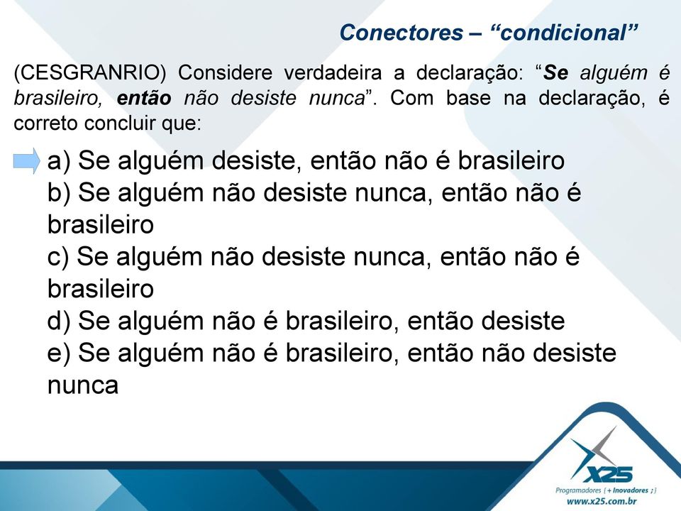 Com base na declaração, é correto concluir que: a) Se alguém desiste, então não é brasileiro b) Se alguém