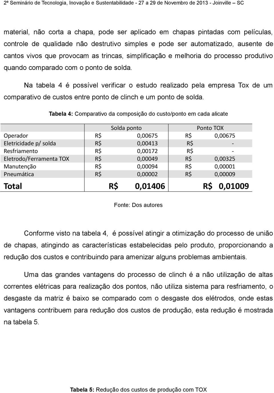 Na tabela 4 é possível verificar o estudo realizado pela empresa Tox de um comparativo de custos entre ponto de clinch e um ponto de solda.