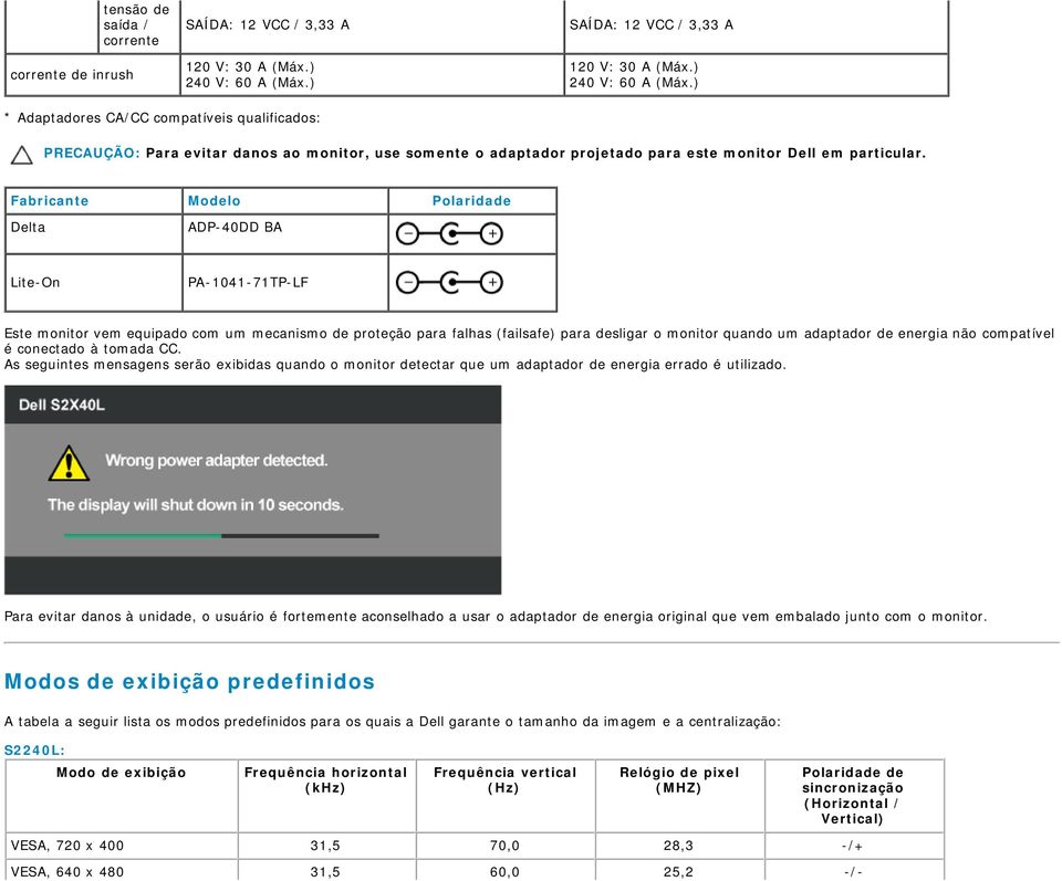 ) * Adaptadores CA/CC compatíveis qualificados: PRECAUÇÃO: Para evitar danos ao monitor, use somente o adaptador projetado para este monitor Dell em particular.