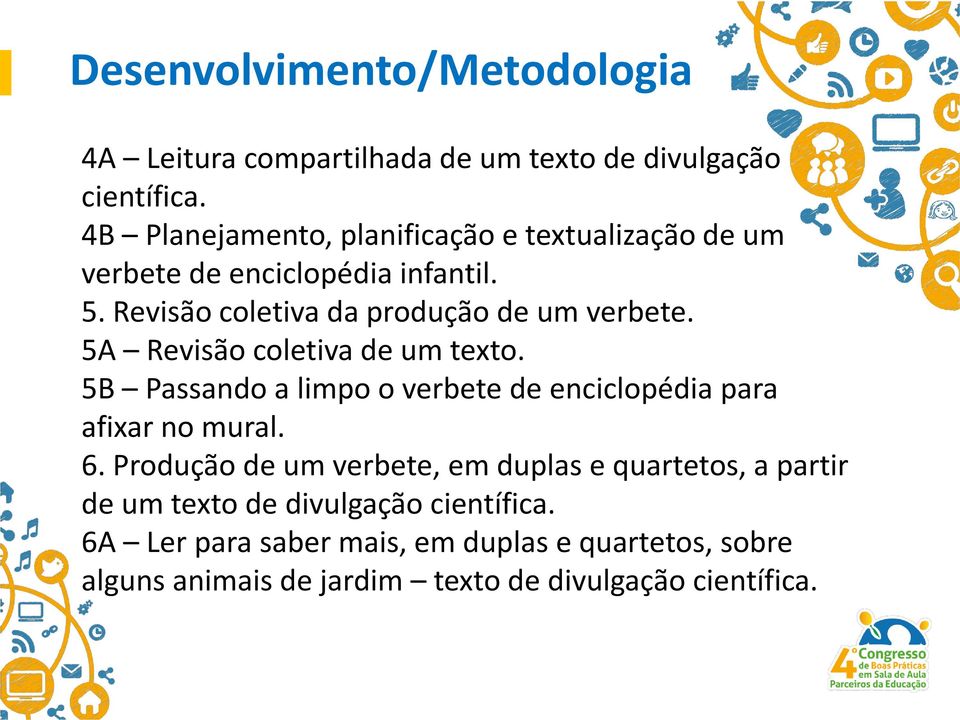 5A Revisão coletiva de um texto. 5B Passando a limpo o verbete de enciclopédia para afixar no mural. 6.