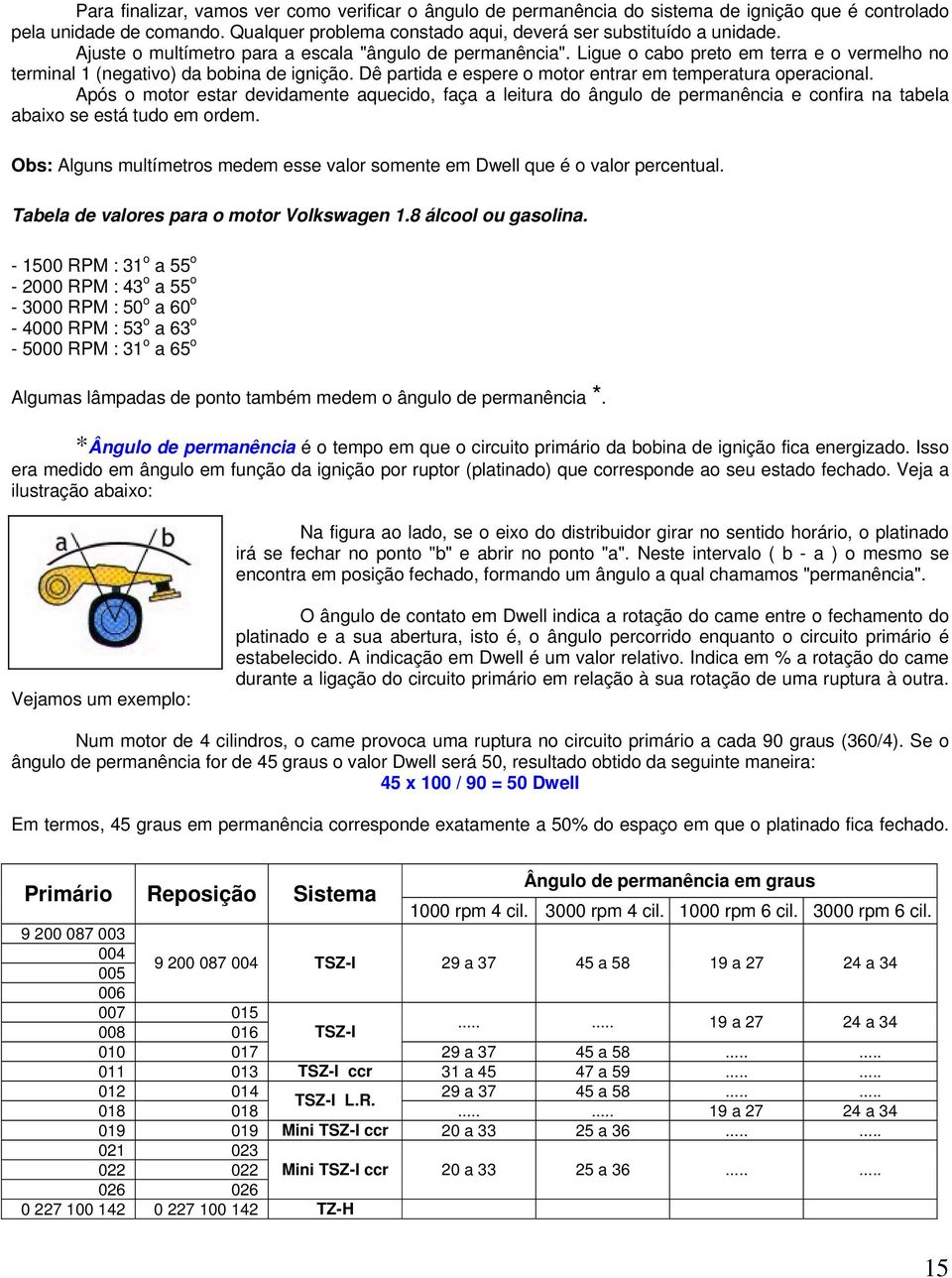 Dê partida e espere o motor entrar em temperatura operacional. Após o motor estar devidamente aquecido, faça a leitura do ângulo de permanência e confira na tabela abaixo se está tudo em ordem.