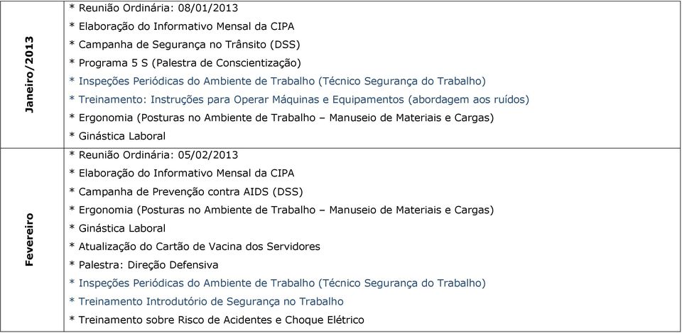 Ordinária: 05/02/2013 * Campanha de Prevenção contra AIDS (DSS) * Atualização do Cartão de Vacina dos Servidores *